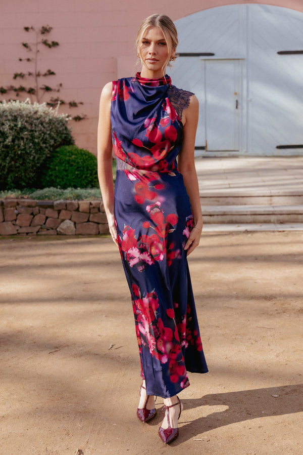 Anabelle Halter Neck Lace Maxi Dress - Navy Floral