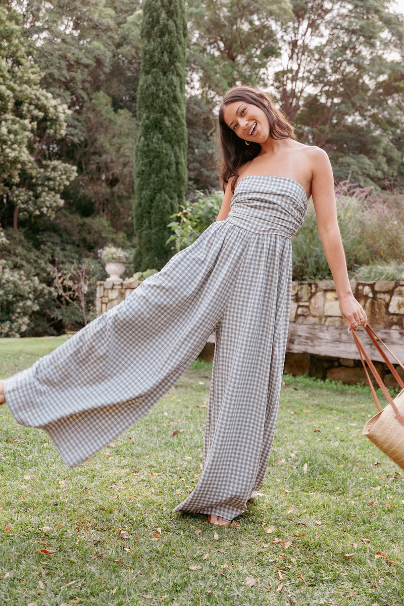 Paige Strapless Jumpsuit - Black White Gingham
